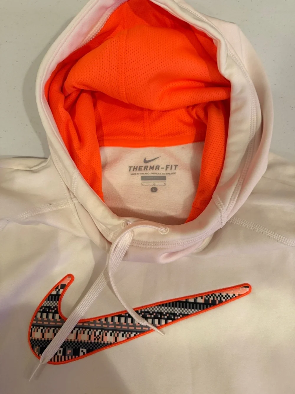 Nike White Hoodie with Bright Orange Hood Lining and Orange-Trim Swoosh - Picture 2 of 2